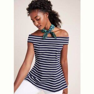 MAEVE Anthropologie Structured Off-The-Shoulder Top Blue & White Sz S Flawed